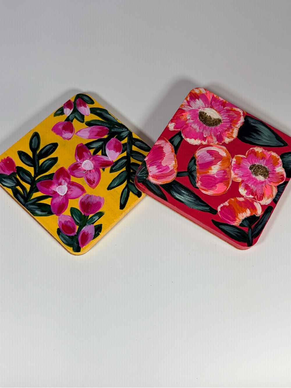 Hand-Painted Floral Leather Coasters - Pink & Yellow